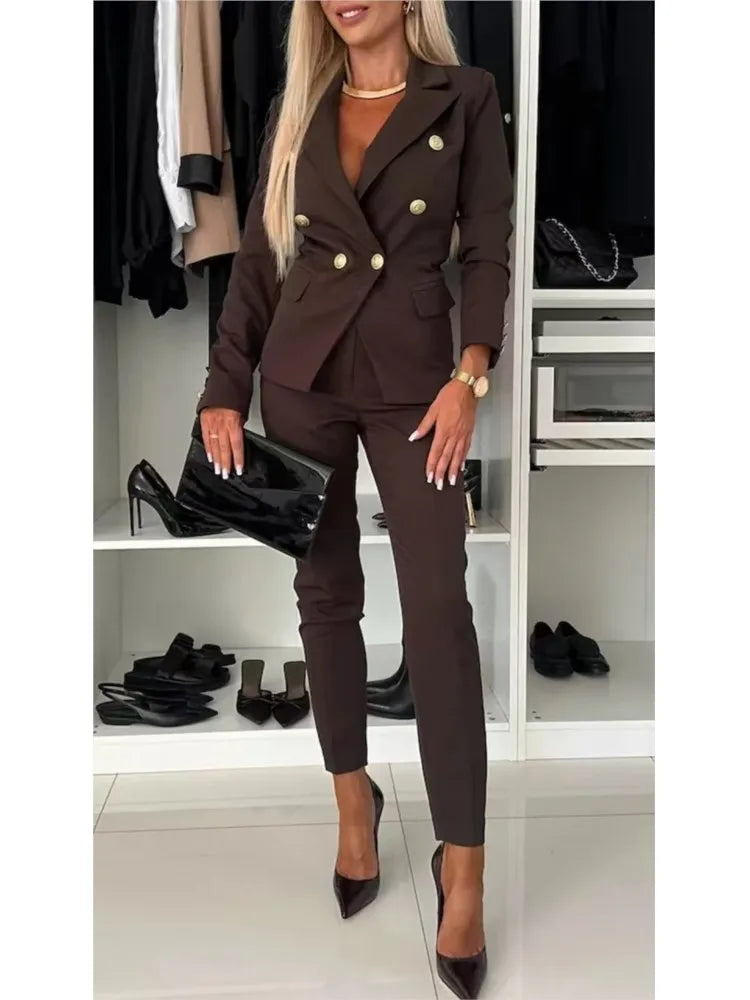 Mode Double boutonnage à manches longues costume ensemble femmes nouveau automne hiver coupe ajustée petite jambe pantalons longs femme bureau 2 pièces ensemble