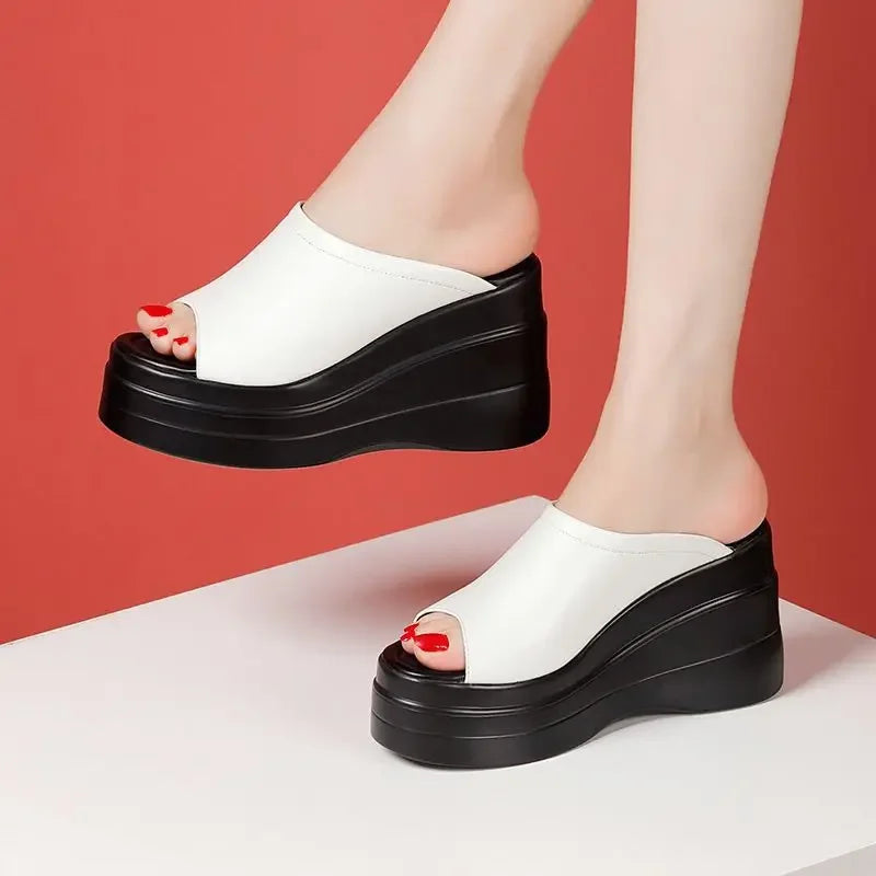 Chaussures confortables à plateforme épaisse de 9.5cm, petite taille 32-43, pantoufles en cuir véritable, talons hauts 2025, diapositives à semelles compensées, modèle de bureau