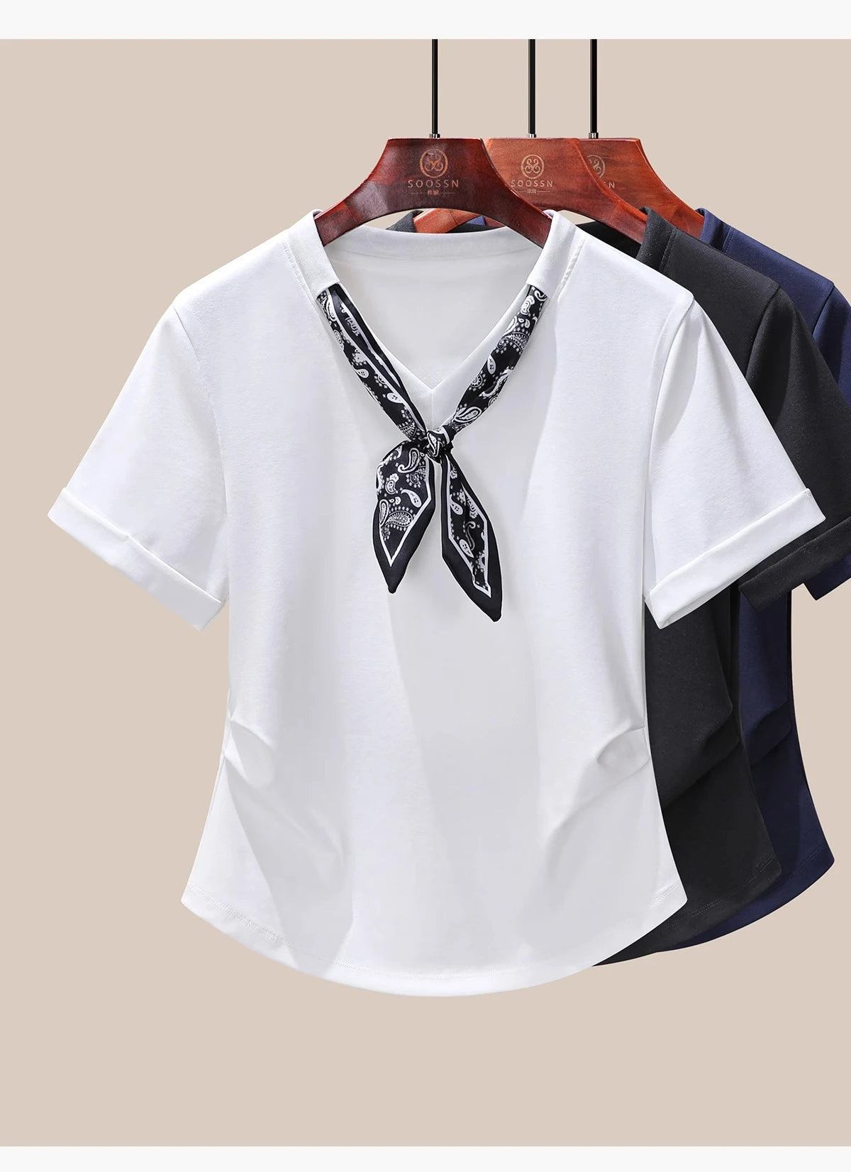 T-Shirt à manches courtes et col en V pour femme, écharpe structurée, épaules froncées, cravate à la taille, amincissante, nouvelle collection 2025