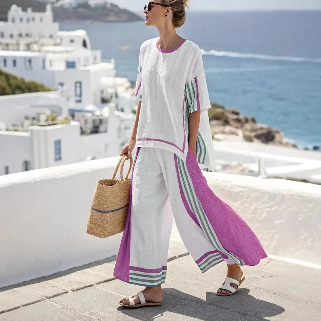 2025 nouvelle rayure femmes mode décontracté ensemble de 2 pièces été haut ample élégant solide bureau vacances pantalon costume femmes vêtements