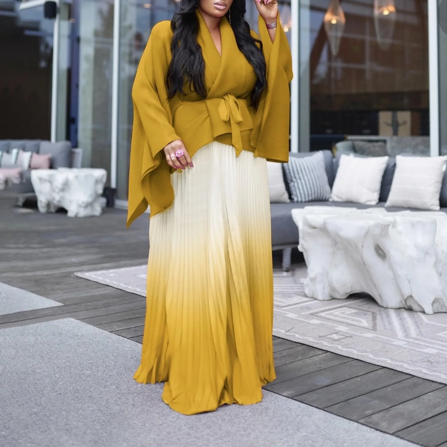 CM.YAYA – ensemble dégradé pour femmes, chemisier à manches longues avec ceinture, chemise et jupes longues plissées, costume de rue, ensemble deux pièces, survêtement