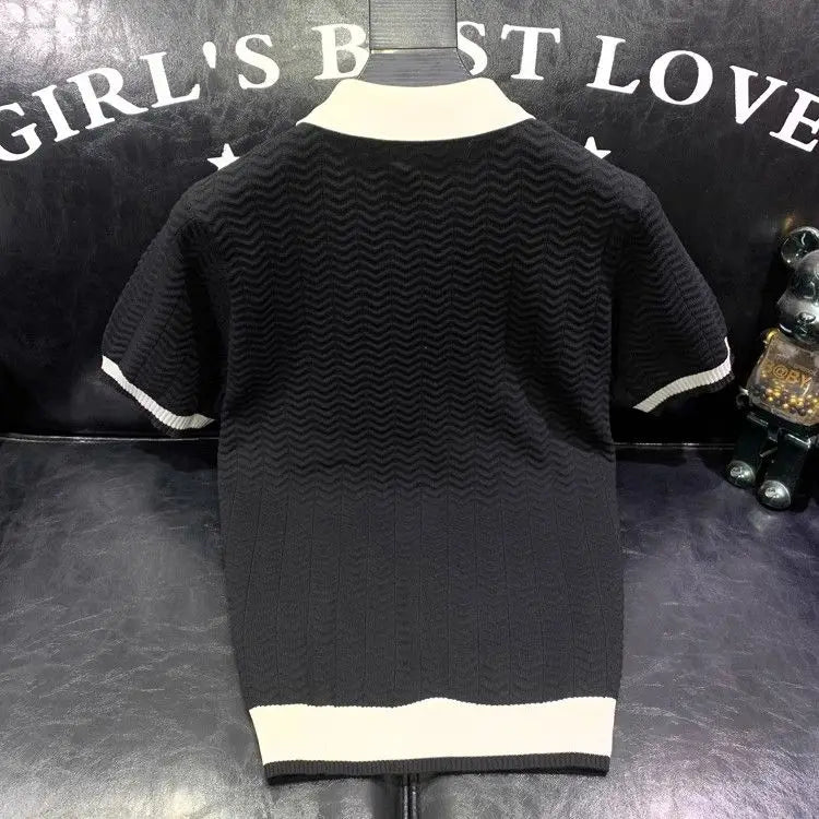 T-shirt à manches courtes en soie glacée pour hommes, pull tricoté à revers contrasté, tendance et personnalisé, décontracté, nouvelle collection été