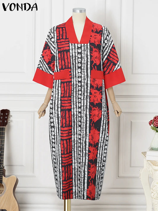 VONDA Vintage Robe Maxi femmes été fête imprimer robes 2025 mode col en v 3/4 manches décontracté surdimensionné ample longue Robe