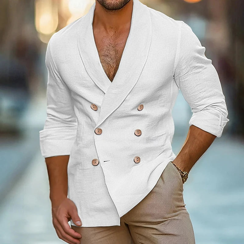 Chemises à col en V pour hommes, manches longues, double boutonnage, coupe couvertes, solide, document décontracté, mode confortable, automne