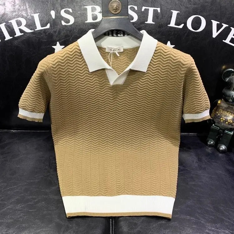 T-shirt à manches courtes en soie glacée pour hommes, pull tricoté à revers contrasté, tendance et personnalisé, décontracté, nouvelle collection été