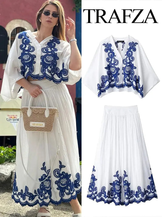 TRAFZA – ensemble 2 pièces pour femmes, chemise ample à simple boutonnage brodée bleue + jupe de rue plissée ample taille haute Chic