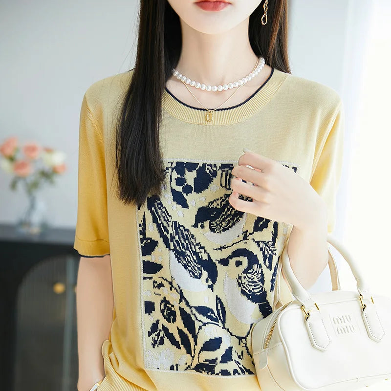 2025 été nouveau 100% Lyocell femmes à manches courtes décontracté col rond jacquard dessin animé T-shirt lâche hauts en tricot pull t-shirts cool