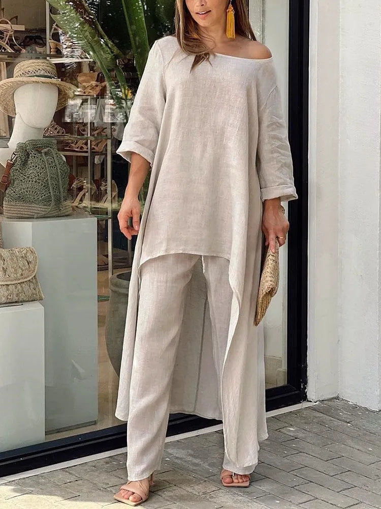 BERAKAH SUPREME - Ensemble pantalon Long en coton et lin pour femmes, mode solide, décontracté, hauts irréguliers, jambes larges, costumes de bureau, ensemble deux pièces, vêtements
