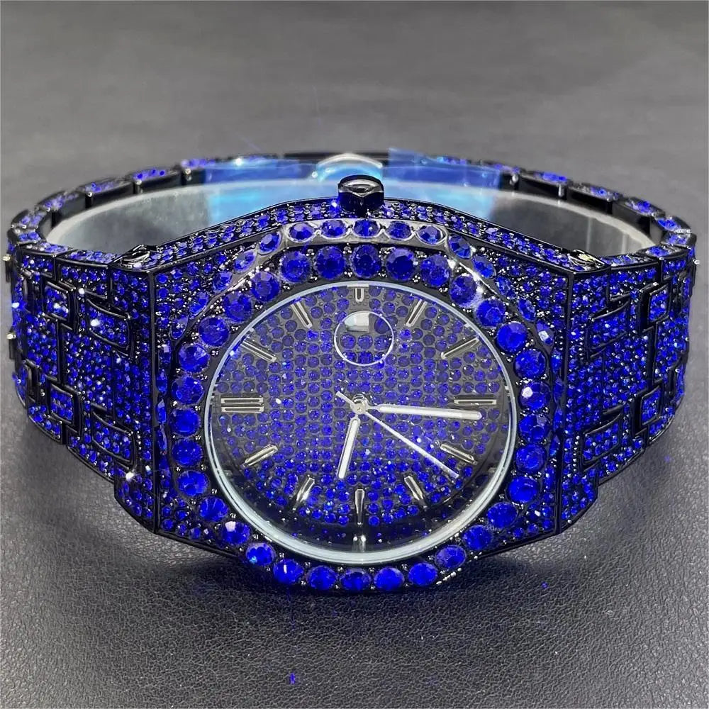 2024 Hip Hop hommes montres à quartz MISSFOX automatique Date glacé montre-bracelet mode bleu diamant bijoux montre pour homme livraison gratuite