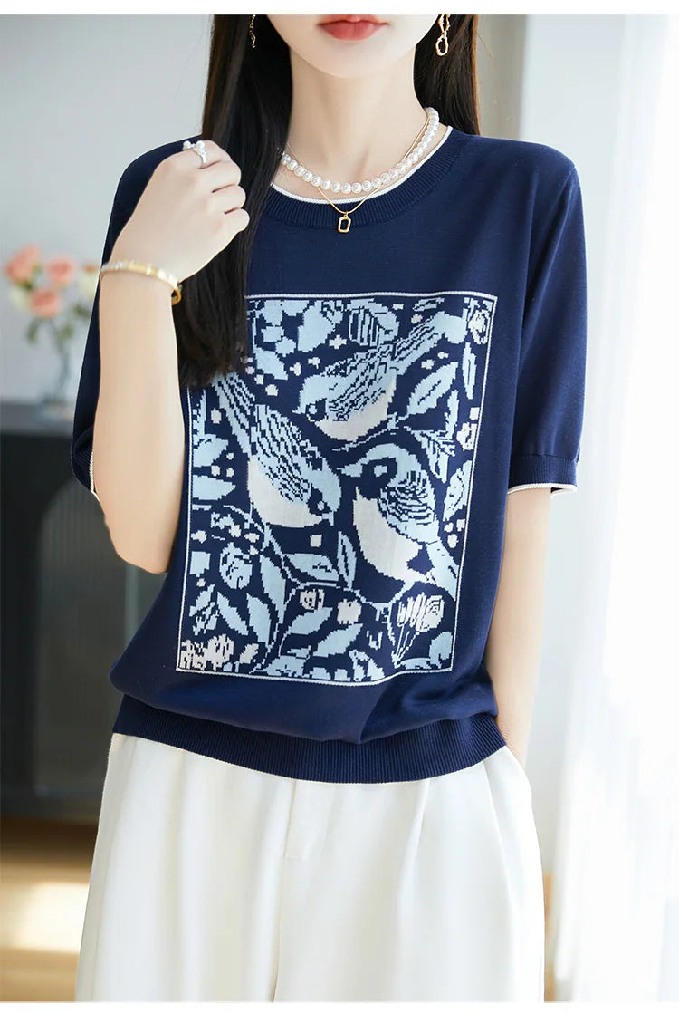 2025 été nouveau 100% Lyocell femmes à manches courtes décontracté col rond jacquard dessin animé T-shirt lâche hauts en tricot pull t-shirts cool