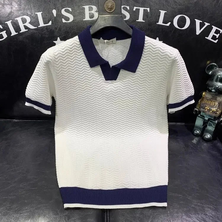 T-shirt à manches courtes en soie glacée pour hommes, pull tricoté à revers contrasté, tendance et personnalisé, décontracté, nouvelle collection été