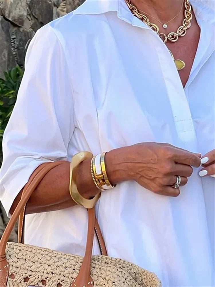 Mini robe à revers de couleur unie pour femmes, mode urbaine, demi-manches, ample, décontractée, pour les déplacements au bureau, blanche, nouvelle collection été