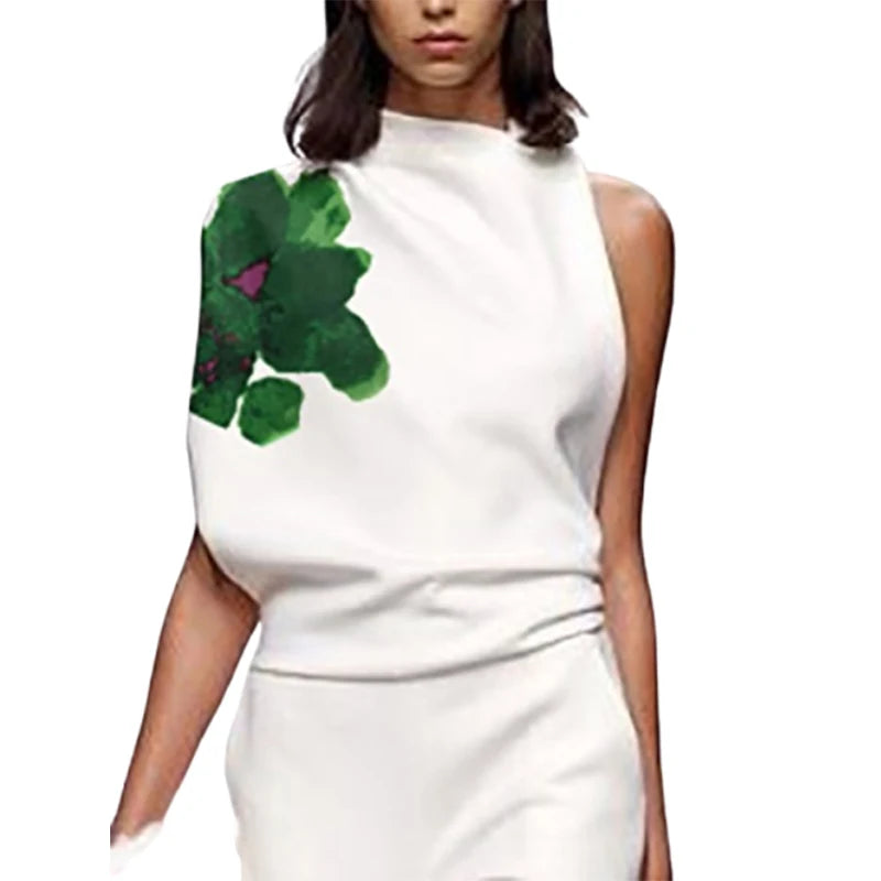 Yeezzi femmes mode imprimé fleuri col haut gilet hauts 2025 nouvel été sans manches une épaule ample asymétrique décontracté T-shirts