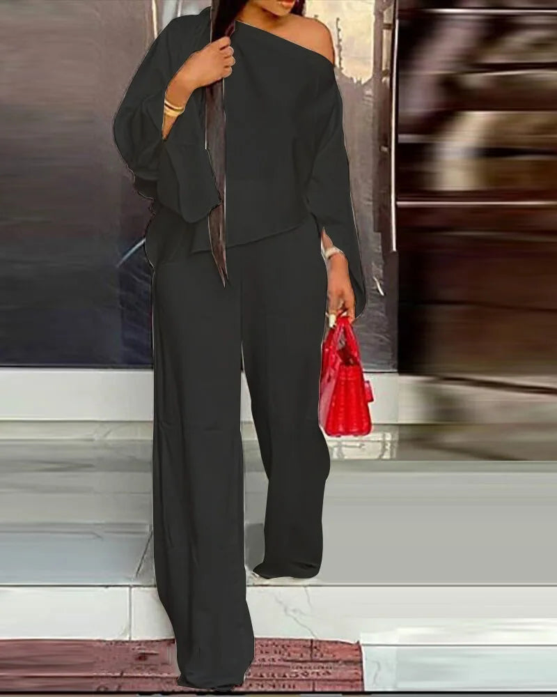Ensemble Deux Pièces Élégant pour Femme, Couleur Unie, Manches Évasées, Sexy, Blouse, Haut + Pantalon à Jambes Larges, Costumes à la Mode, Automne