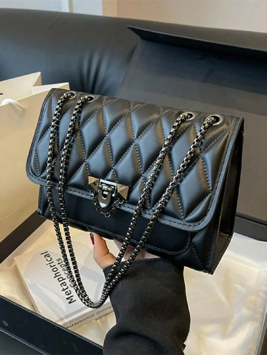 1 sac à bandoulière simple et élégant en grille de diamant, sac à bandoulière avec chaîne en métal, adapté à un usage quotidien de loisirs pour femmes-A-DH