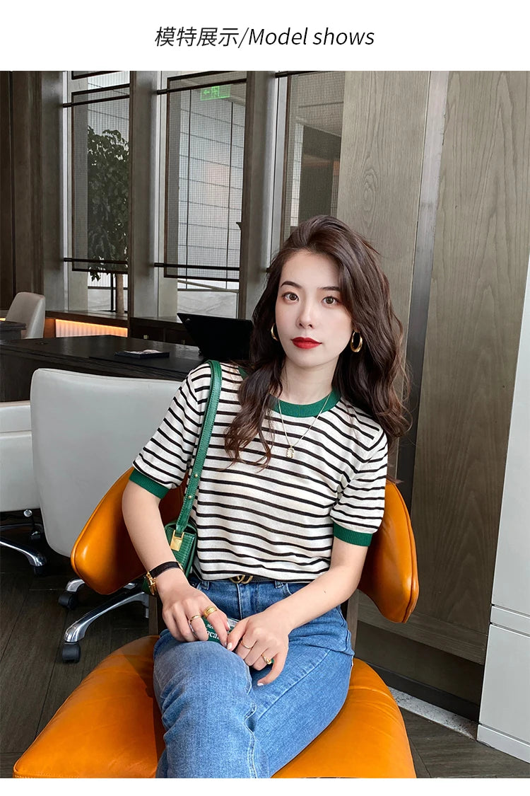 2025 hauts à rayures femmes tricoté col rond été imprimé à manches courtes décontracté Simple sauvage T-Shirt