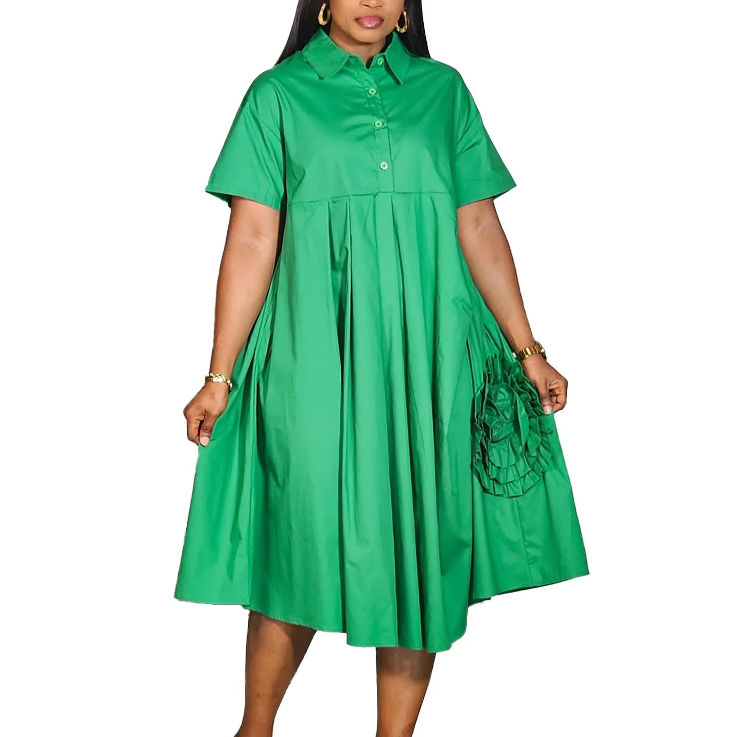 Robe chemise à manches courtes pour femmes, couleur unie, jupe trapèze, élégante, décontractée, Maxi, pour printemps et automne, mode été