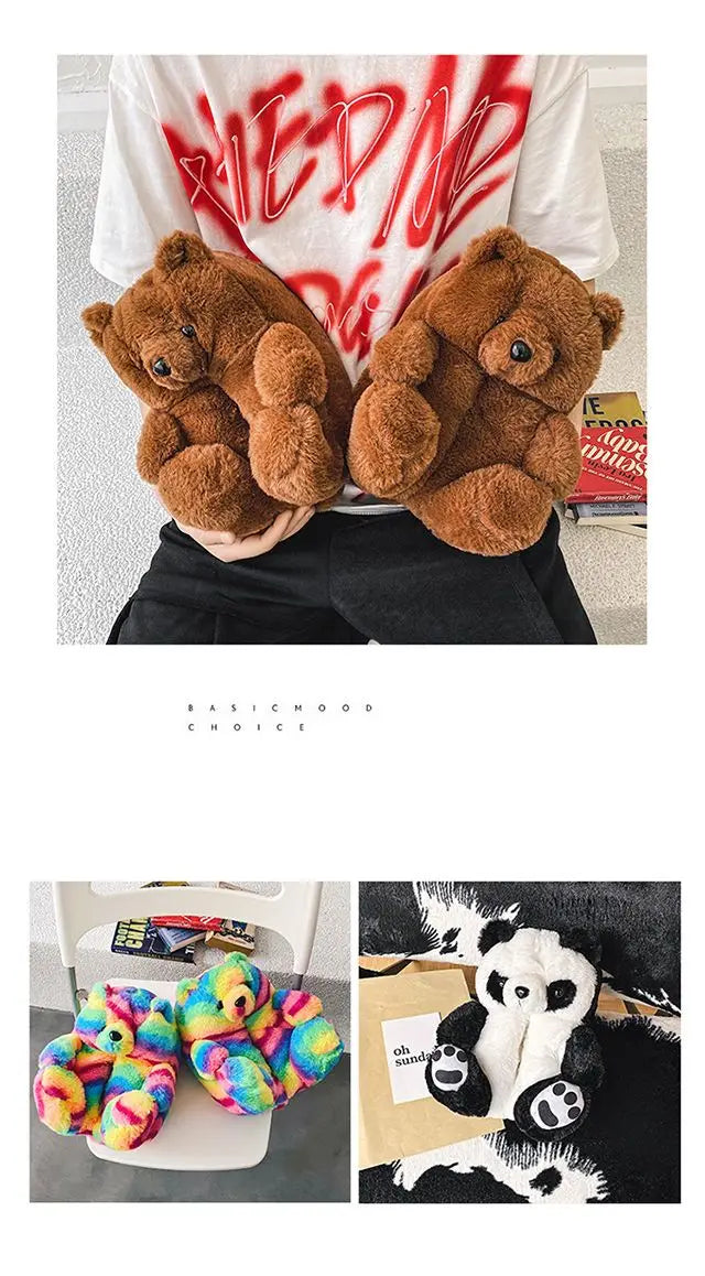 Pantoufles roses en fourrure d'animal à enfiler, chaussures d'ours moelleuses pour la maison, pantoufles d'intérieur chaudes et pelucheuses, tongs de maison, expédition rapide