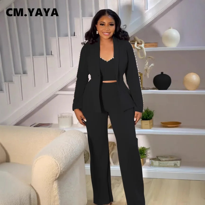 CM.YAYA – costume pantalon élégant pour femmes, Blazer à manches longues + haut assorti, ensemble deux pièces pour travail de rue OL, tenues d'automne en perles, 2025