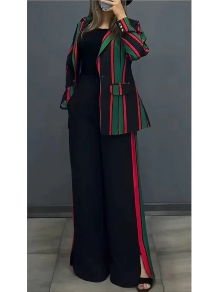 Femmes rayé imprimé costumes + pantalons deux pièces ensembles automne hiver décontracté jambe large pantalons ensembles bureau dames élégant manteaux tenues