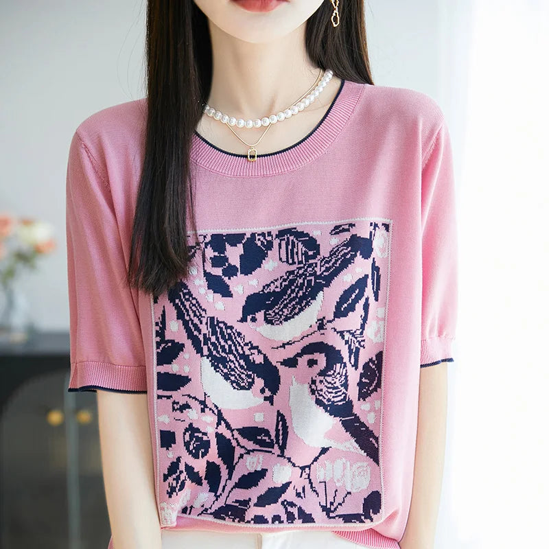 2025 été nouveau 100% Lyocell femmes à manches courtes décontracté col rond jacquard dessin animé T-shirt lâche hauts en tricot pull t-shirts cool