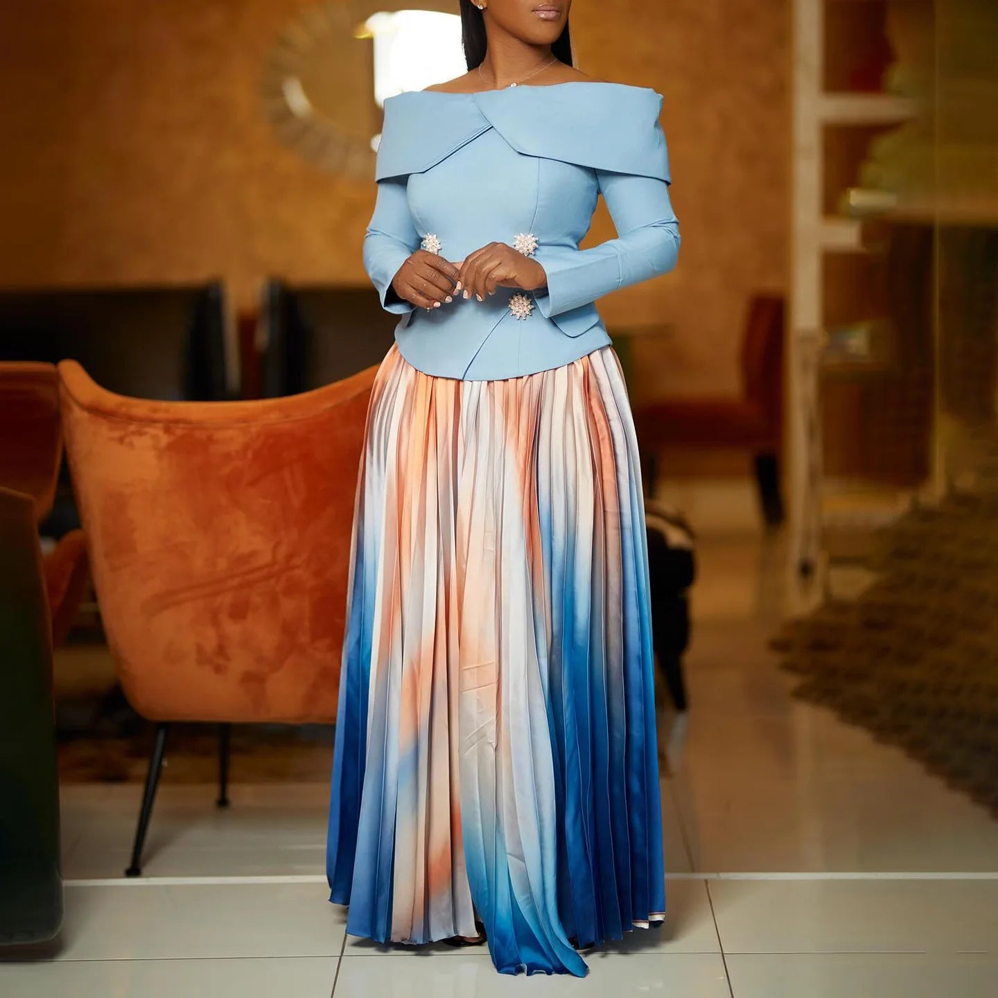 BS - Ensemble à manches longues et col slash pour femme, jupes longues plissées dégradées, ensemble de rue, tenues d'avocat africain, 2 pièces