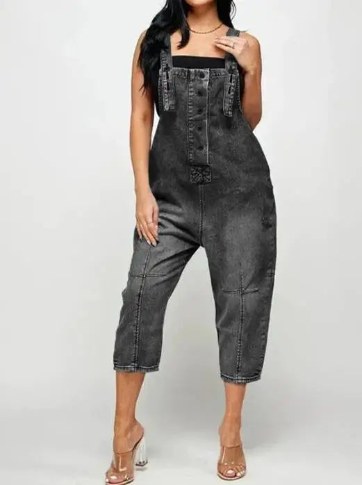 Combinaison en denim bleu pour femme, jambe large fendue, bouton de poche, bretelles fines, combinaison vintage, mode globale, 2025