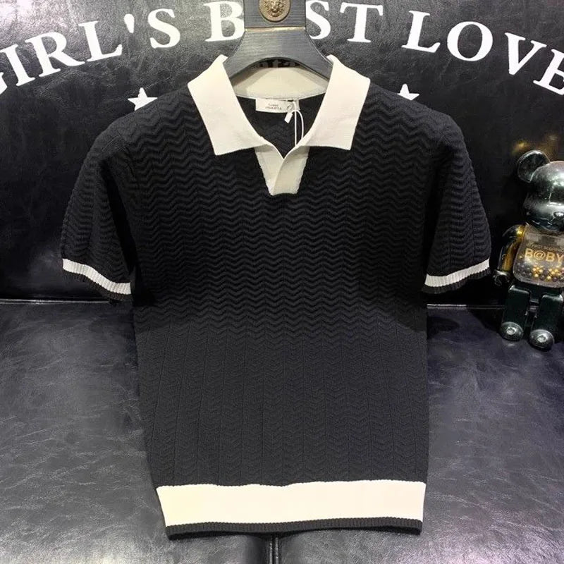 T-shirt à manches courtes en soie glacée pour hommes, pull tricoté à revers contrasté, tendance et personnalisé, décontracté, nouvelle collection été