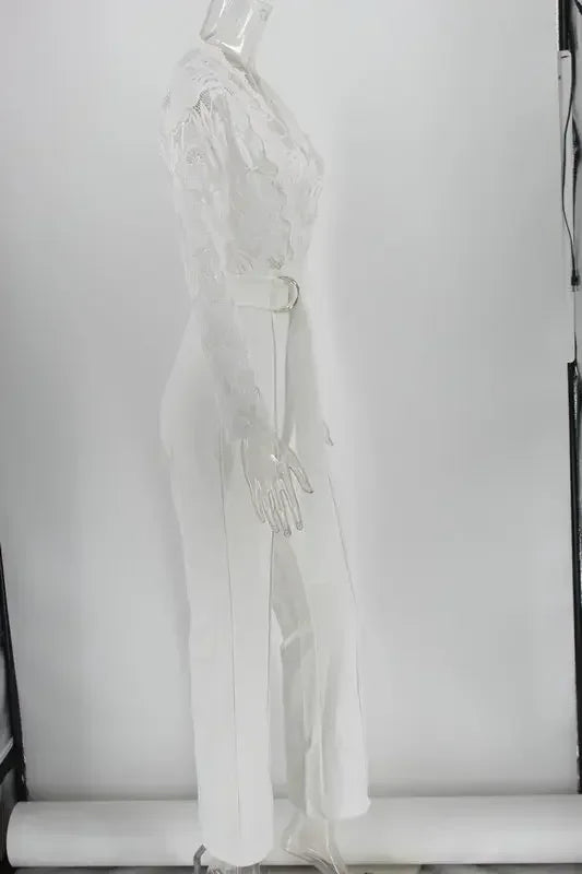 Combinaison blanche en dentelle pour femme, salopette élégante, longue, une pièce, taille haute, plume, soirée de mariage, barboteuses sexy, Y2K