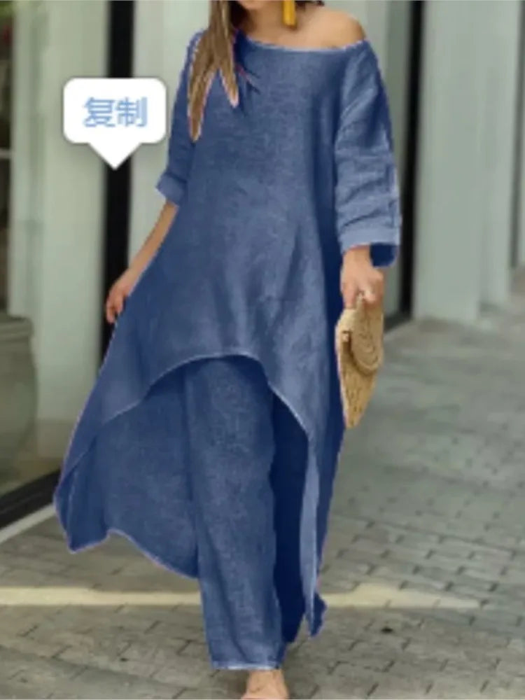 BERAKAH SUPREME - Ensemble pantalon Long en coton et lin pour femmes, mode solide, décontracté, hauts irréguliers, jambes larges, costumes de bureau, ensemble deux pièces, vêtements