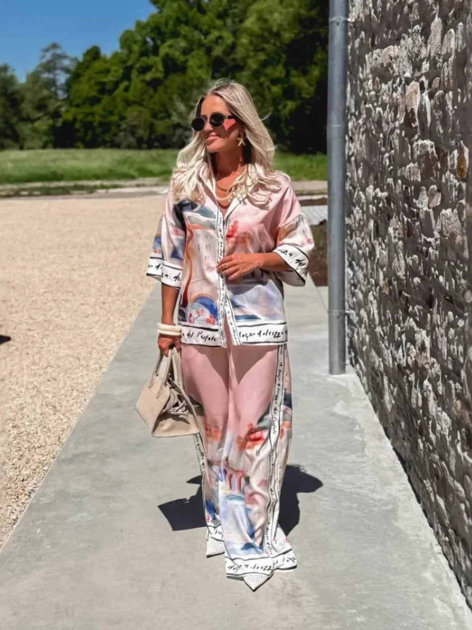 2 pièces ensemble pour femme été nouveau élégant imprimé demi manches chemise hauts costumes à la mode décontracté ample jambe large pantalons ensembles