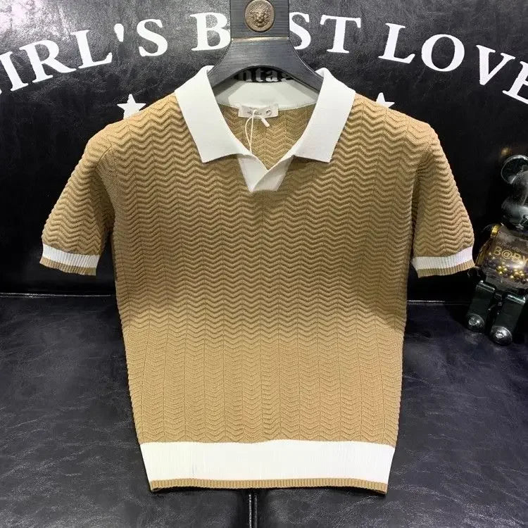 T-shirt à manches courtes en soie glacée pour hommes, pull tricoté à revers contrasté, tendance et personnalisé, décontracté, nouvelle collection été