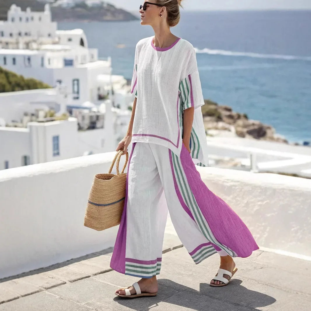 2025 nouvelle rayure femmes mode décontracté ensemble de 2 pièces été haut ample élégant solide bureau vacances pantalon costume femmes vêtements