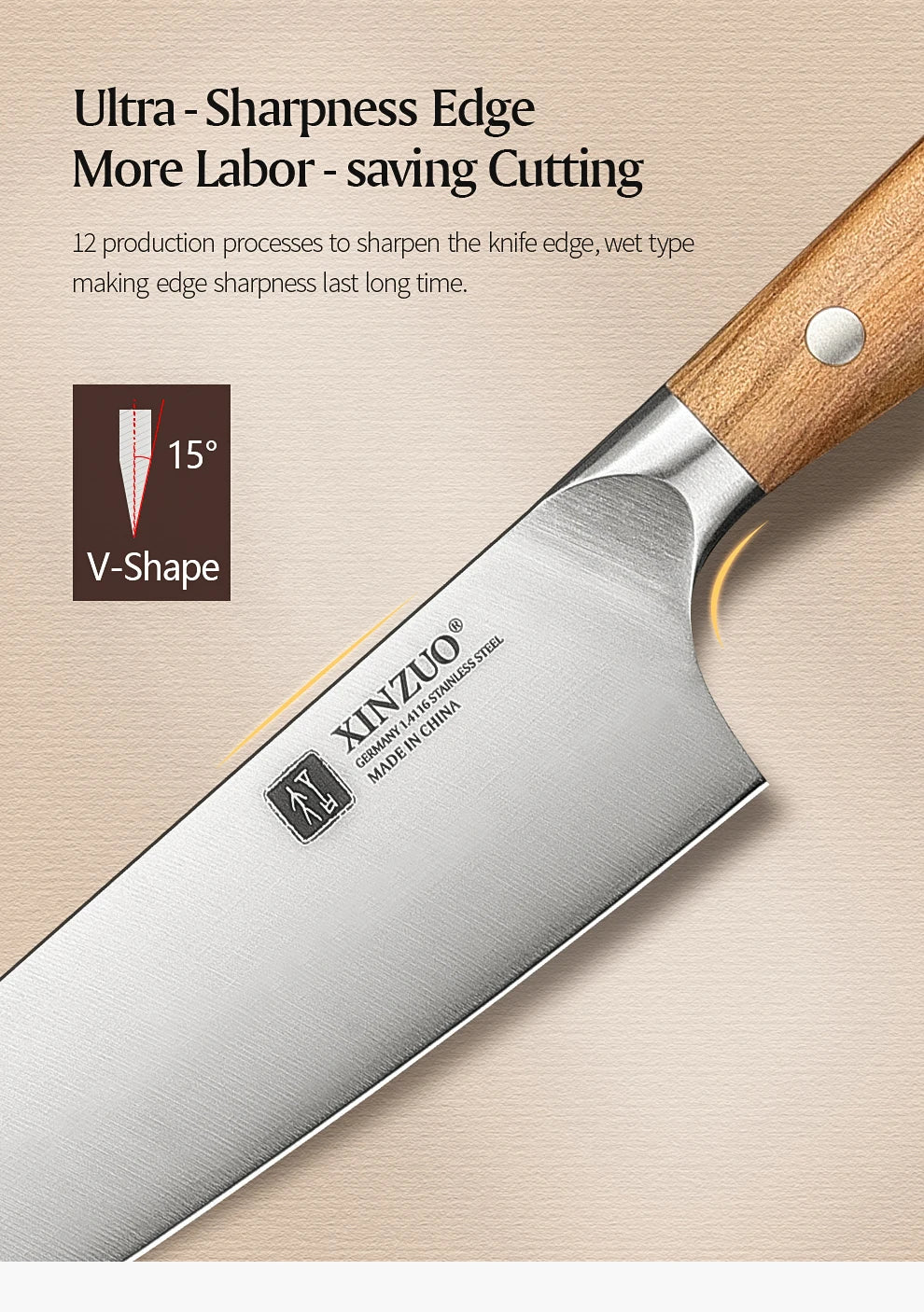 XINZUO 5,83 pouces Bunka couteau de chef allemand DIN 1.4116 acier 56 ± 2 HRC 15 ° Rivets en cuivre avec manche en bois d'olivier à 1 bords avec boîte cadeau