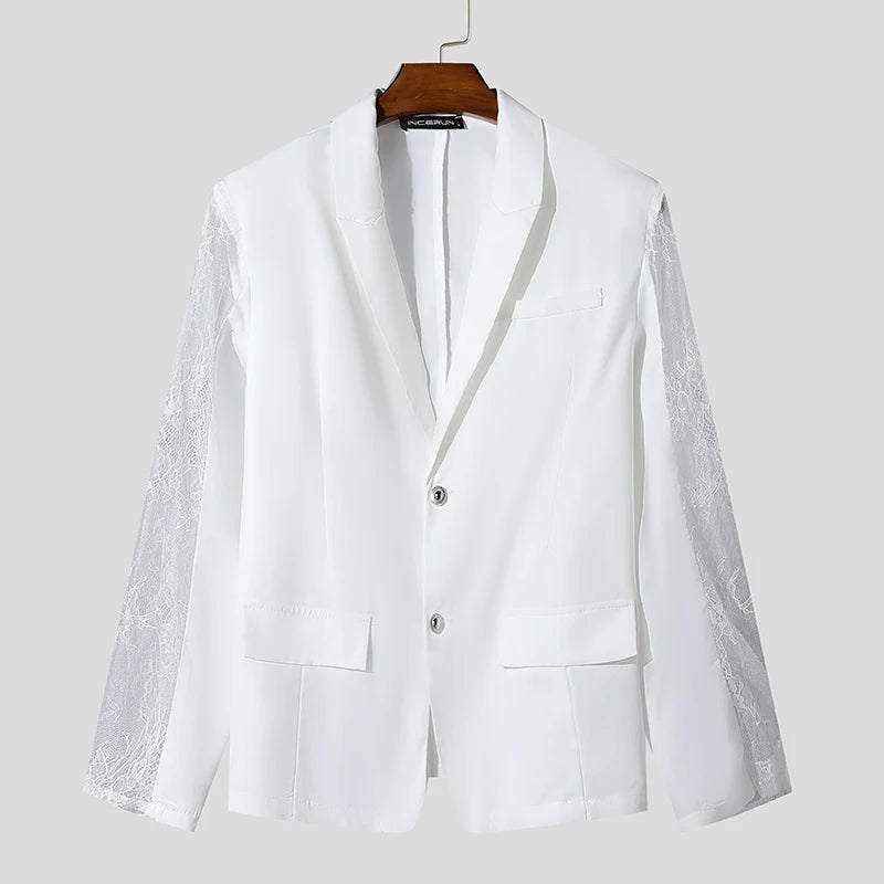 INCERUN hauts 2024 Style américain mode hommes Perspective dentelle épissage conception costume manteaux décontracté solide à manches longues Blazer S-5XL