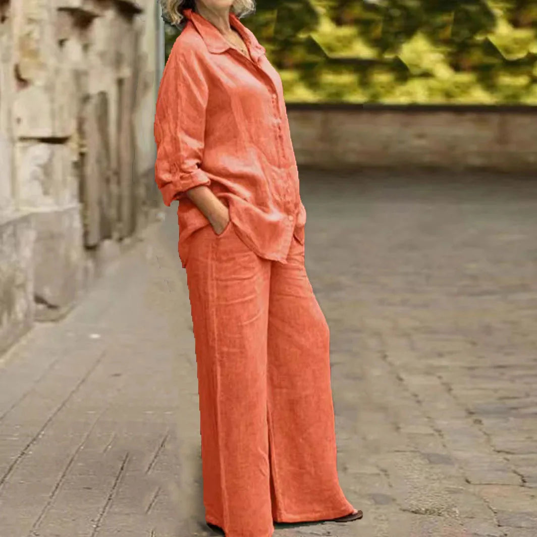 Ensemble 2 pièces en coton et lin pour femmes, chemise à manches longues, jambe large, mode féminine, bureau, printemps, automne