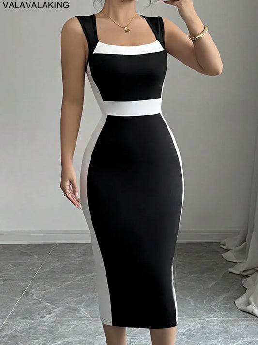 Dame Sexy solide Patchwork moulante longue robe femmes col carré sangle Club robe dame été soirée robe serrée Clubwear