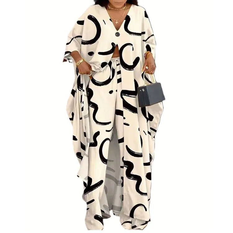 Ensemble haut et pantalon à manches longues pour femmes, col en V, impression de lettres, devant ouvert, décontracté, mode printemps, été, nouveau, 2023