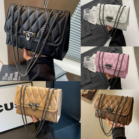 1 sac à bandoulière simple et élégant en grille de diamant, sac à bandoulière avec chaîne en métal, adapté à un usage quotidien de loisirs pour femmes-A-DH