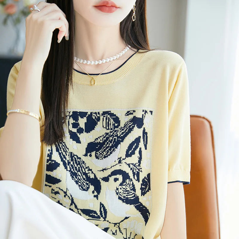 2025 été nouveau 100% Lyocell femmes à manches courtes décontracté col rond jacquard dessin animé T-shirt lâche hauts en tricot pull t-shirts cool