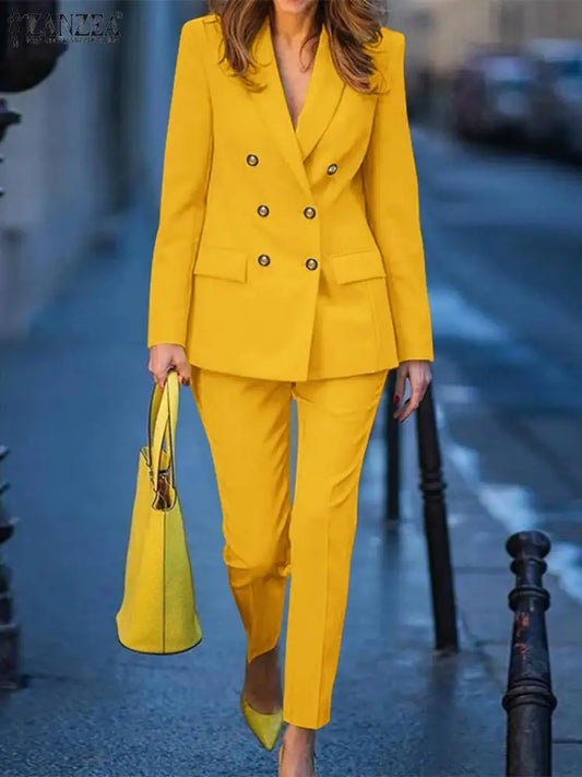 BS- Sublime femmes mode 2 pièces Blazer costumes cranté revers à manches longues Blazer pantalon ensembles élégant bureau dame solide 2 pièces tenues