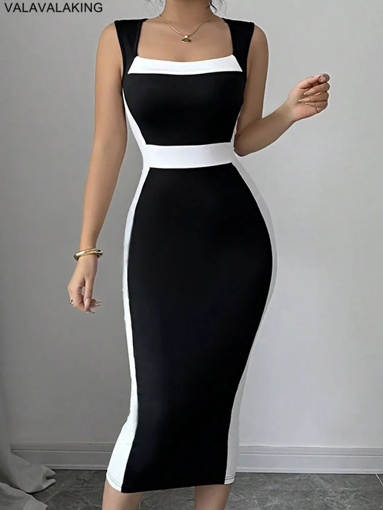 Dame Sexy solide Patchwork moulante longue robe femmes col carré sangle Club robe dame été soirée robe serrée Clubwear