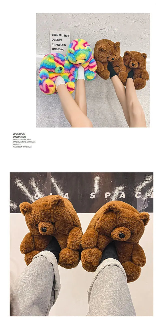 Pantoufles roses en fourrure d'animal à enfiler, chaussures d'ours moelleuses pour la maison, pantoufles d'intérieur chaudes et pelucheuses, tongs de maison, expédition rapide