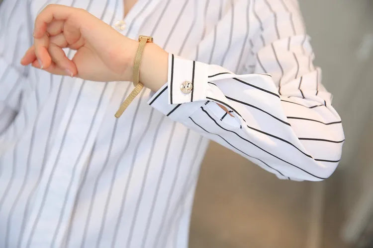 Chemisier à rayures pour femmes, col montant, chemise à manches longues et chemisiers imprimés pour dames, hauts basiques pour femmes