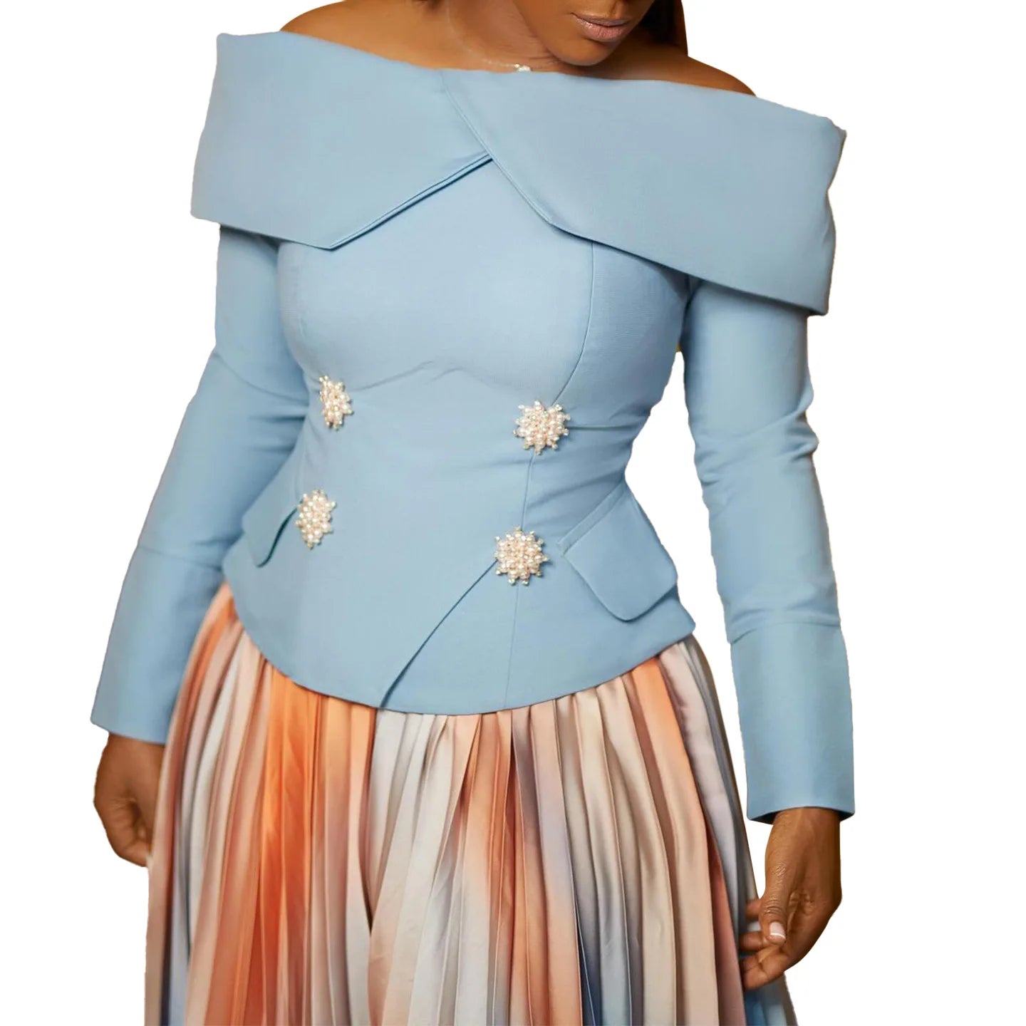 BS - Ensemble à manches longues et col slash pour femme, jupes longues plissées dégradées, ensemble de rue, tenues d'avocat africain, 2 pièces