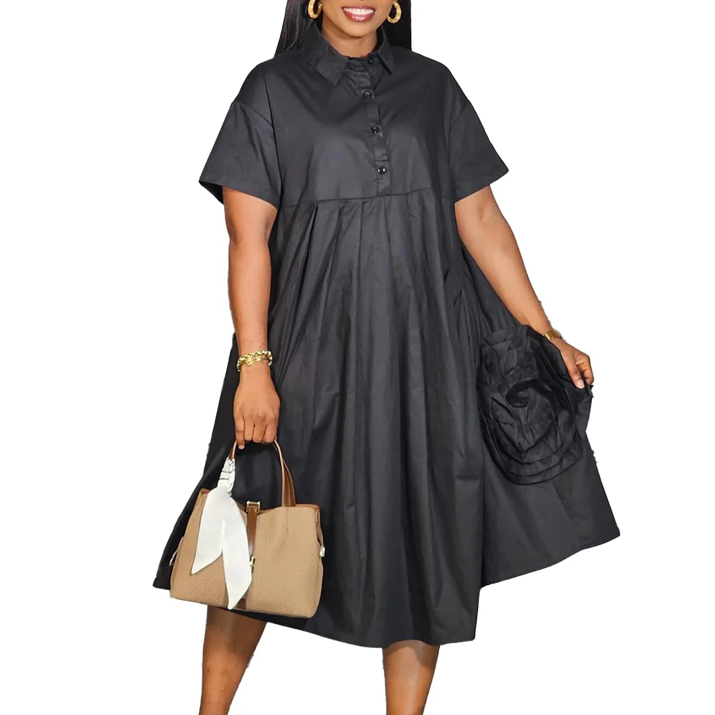 Robe chemise à manches courtes pour femmes, couleur unie, jupe trapèze, élégante, décontractée, Maxi, pour printemps et automne, mode été