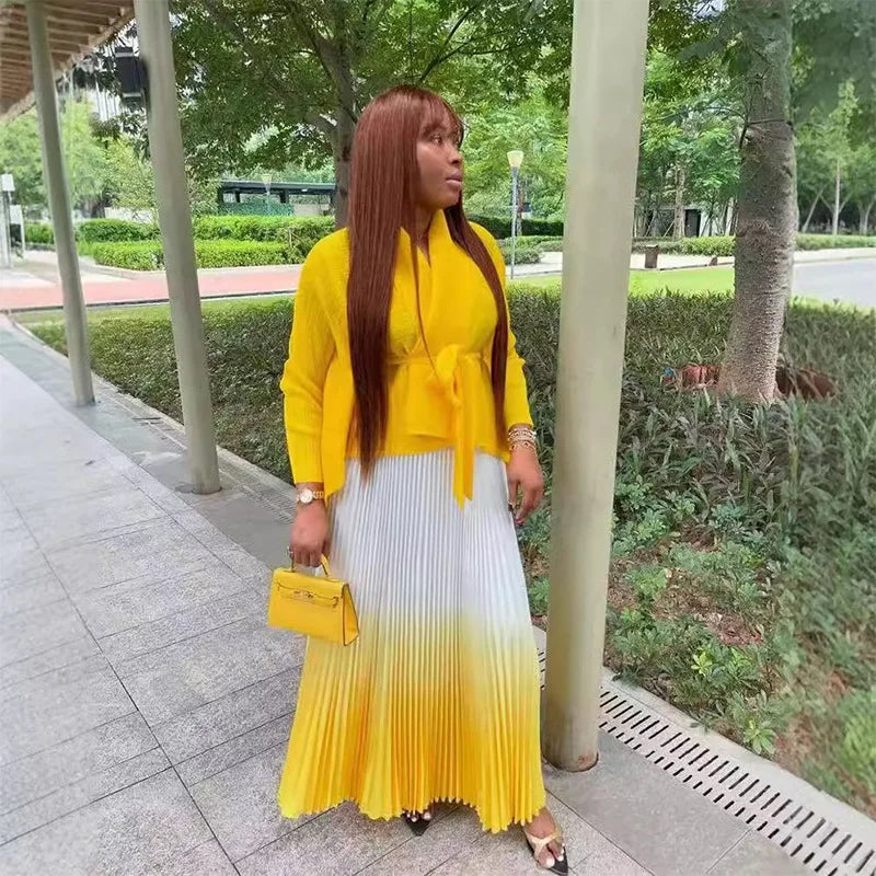 CM.YAYA – ensemble dégradé pour femmes, chemisier à manches longues avec ceinture, chemise et jupes longues plissées, costume de rue, ensemble deux pièces, survêtement