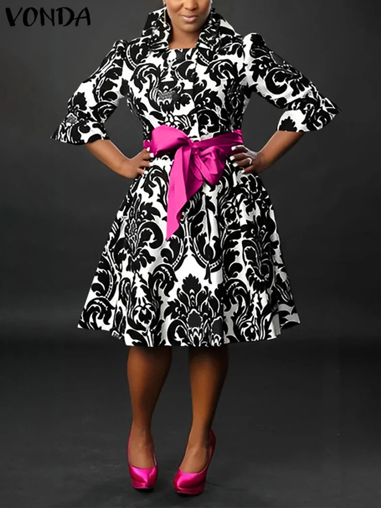 VONDA-Robe de Soirée Imprimée pour Femme, Tenue Éducative Bohème, Col Montant, Ceinture à Nministériels d, Décontractée, Élégante, Été, 2025