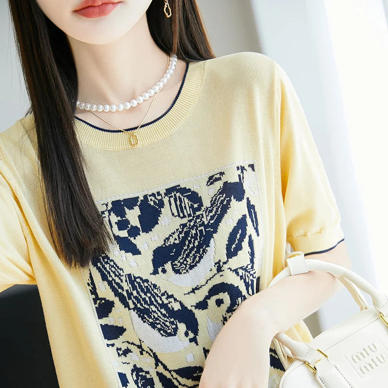 2025 été nouveau 100% Lyocell femmes à manches courtes décontracté col rond jacquard dessin animé T-shirt lâche hauts en tricot pull t-shirts cool