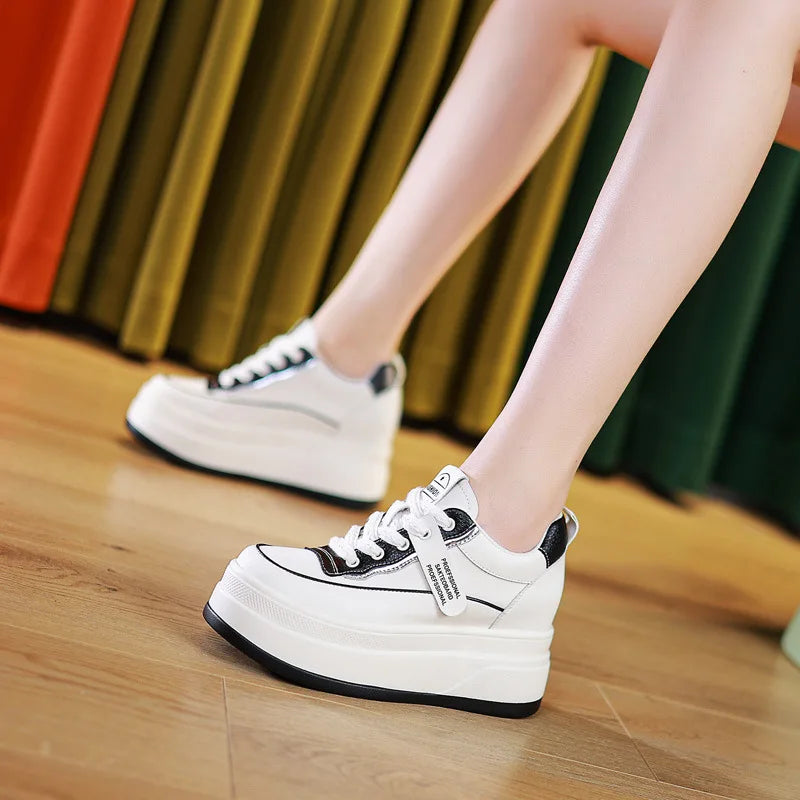 Fujin-Chaussures à l'offre elles compensées en cuir véritable pour femme, grosses chaussures blanches de 9cm, à la mode, automne et été